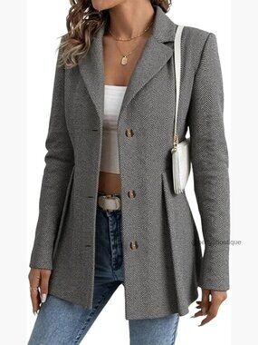 Lightweight Tweed Blazer Open Front Long Sleeve Office Jacket Regular Fit